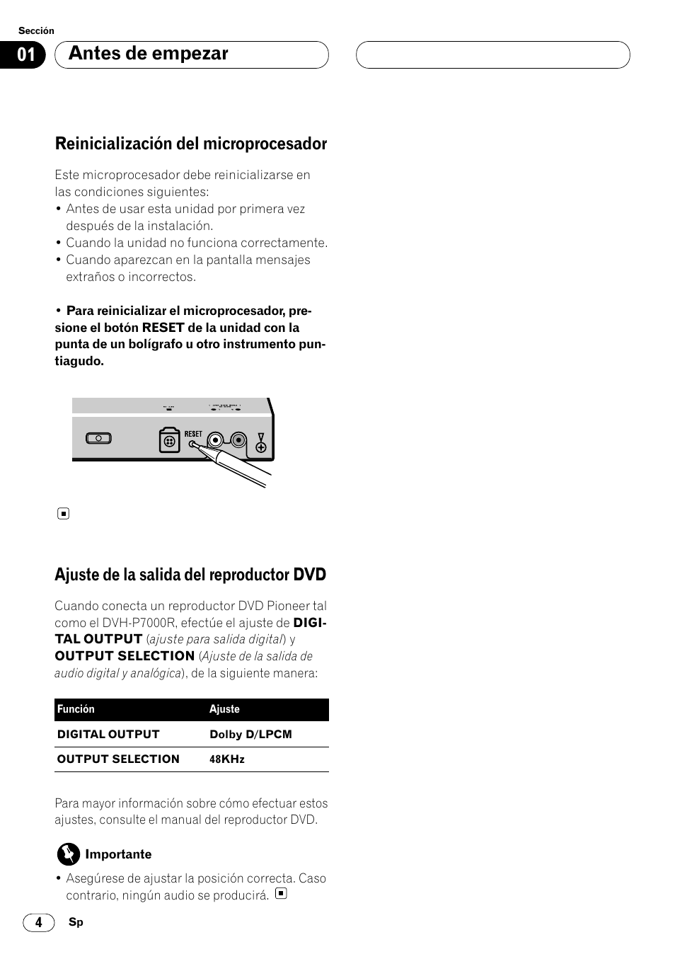 Antes de empezar, Reinicialización del microprocesador, Ajuste de la salida del reproductor dvd | Pioneer DEQ-P7000 User Manual | Page 22 / 112