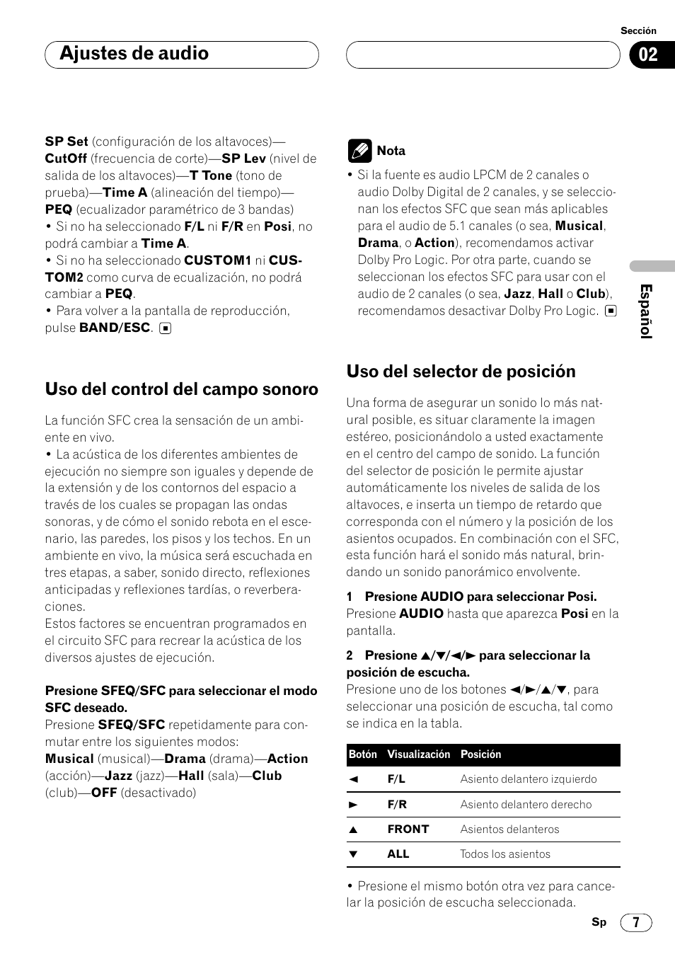 Ajustes de audio, Uso del control del campo sonoro, Uso del selector de posición | Pioneer DEQ-P7000 User Manual | Page 25 / 112