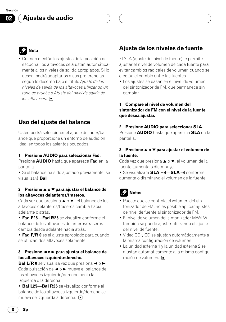 Ajustes de audio, Uso del ajuste del balance, Ajuste de los niveles de fuente | Pioneer DEQ-P7000 User Manual | Page 26 / 112