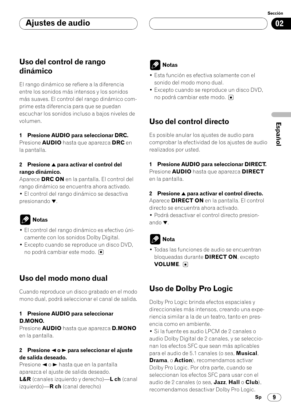 Ajustes de audio, Uso del control de rango dinámico, Uso del modo mono dual | Uso del control directo, Uso de dolby pro logic | Pioneer DEQ-P7000 User Manual | Page 27 / 112