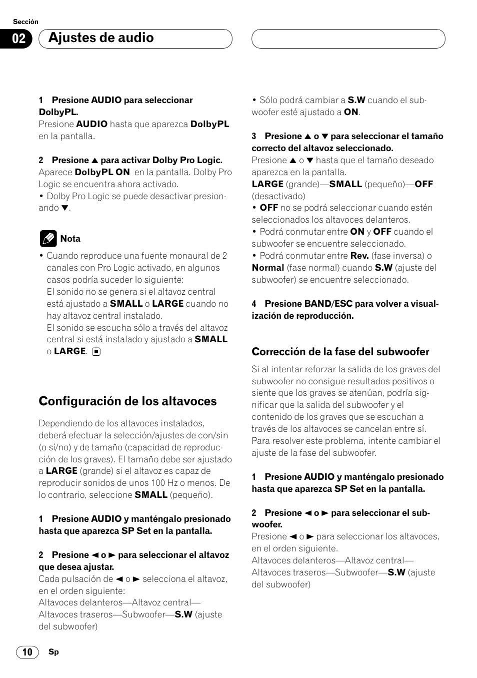 Configuración de los altavoces 10, Corrección de la fase del subwoofer 10, Ajustes de audio | Configuración de los altavoces | Pioneer DEQ-P7000 User Manual | Page 28 / 112