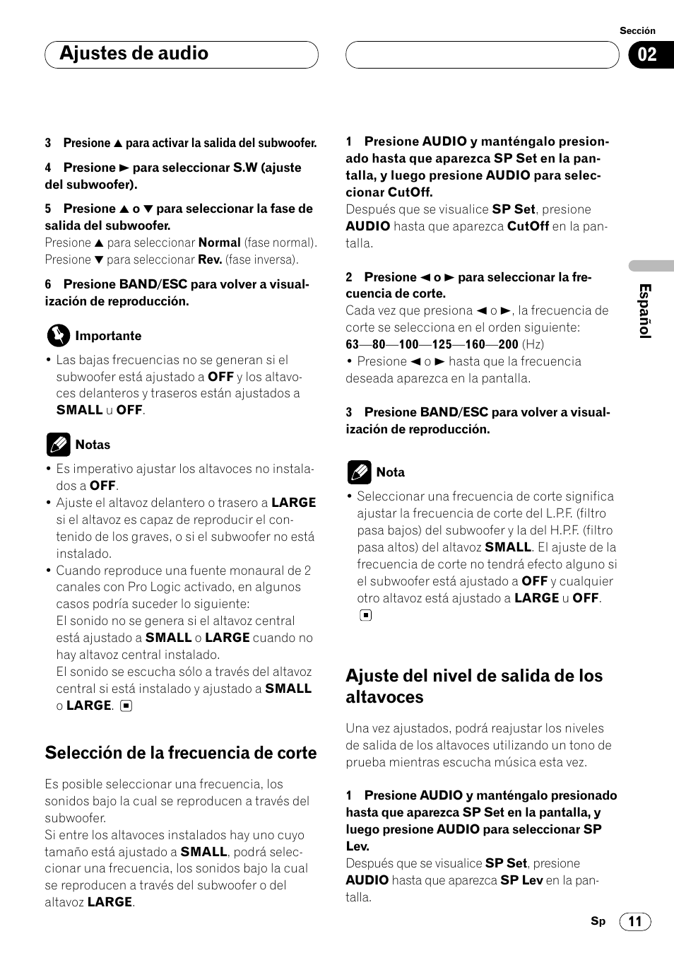 Ajustes de audio, Selección de la frecuencia de corte, Ajuste del nivel de salida de los altavoces | Pioneer DEQ-P7000 User Manual | Page 29 / 112