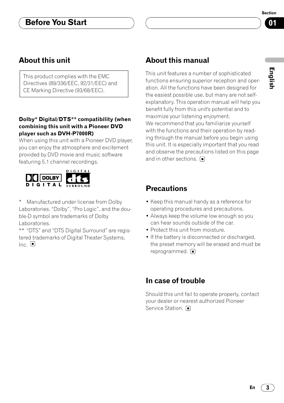 About this unit 3, Dolby digital/dts compatibility (when, Before you start | About this unit, About this manual, Precautions | Pioneer DEQ-P7000 User Manual | Page 3 / 112