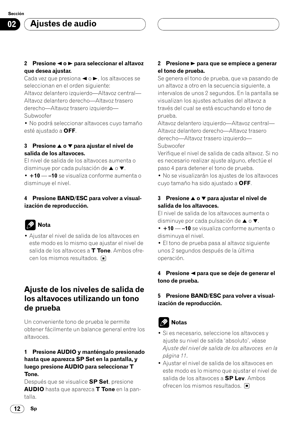 Ajuste de los niveles de salida de los altavo, Ces utilizando un tono de prueba 12, Ajustes de audio | Pioneer DEQ-P7000 User Manual | Page 30 / 112