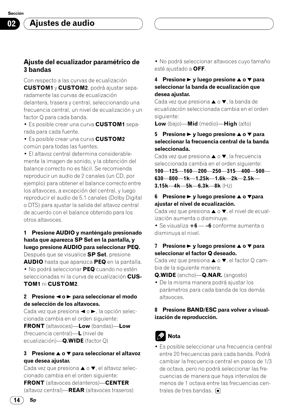 Ajuste del ecualizador paramétrico de 3, Bandas 14, Ajustes de audio | Pioneer DEQ-P7000 User Manual | Page 32 / 112