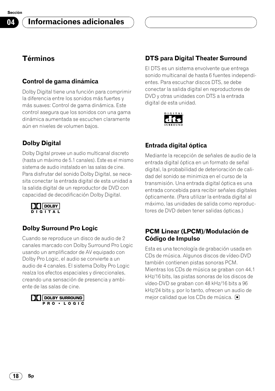 Términos 18, Informaciones adicionales | Pioneer DEQ-P7000 User Manual | Page 36 / 112