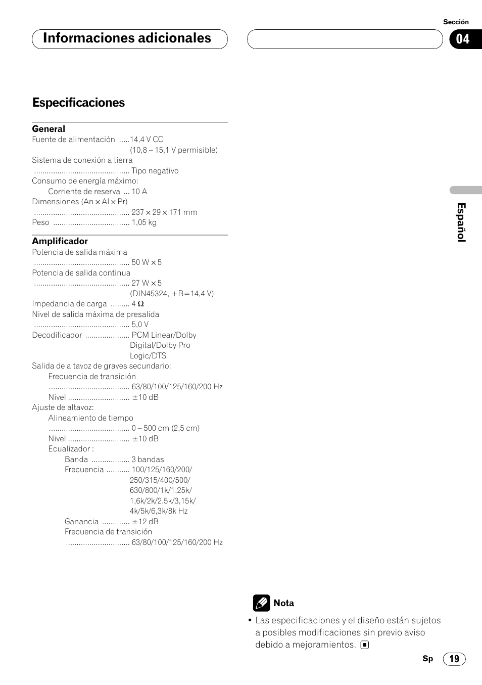 Especificaciones 19, Informaciones adicionales, Especificaciones | Pioneer DEQ-P7000 User Manual | Page 37 / 112