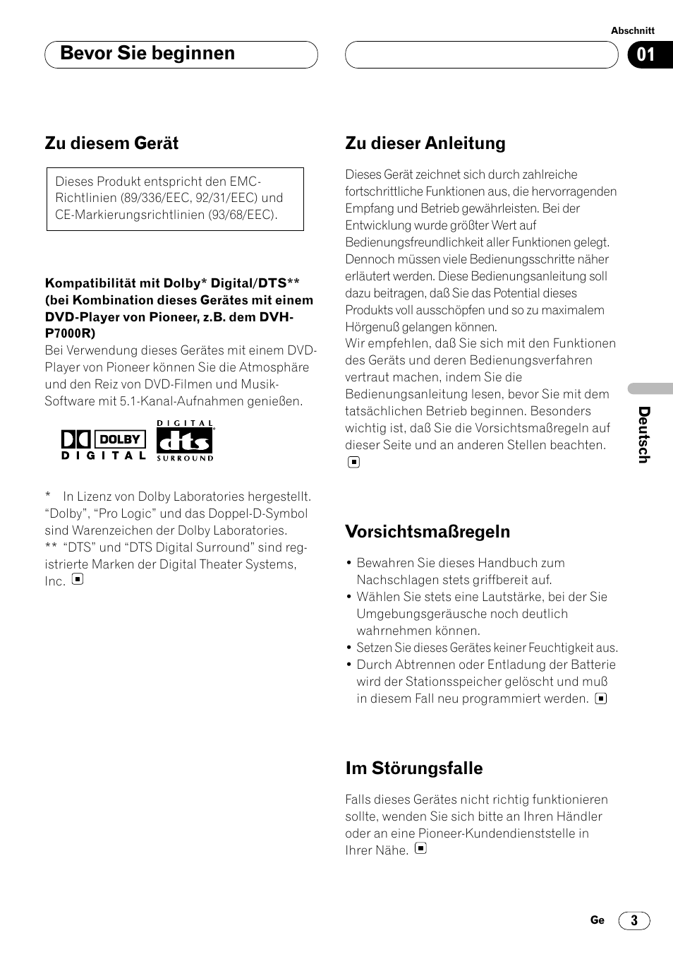 Zu diesem gerät 3, Kompatibilität mit dolby digital/dts, Bevor sie beginnen | Zu diesem gerät, Zu dieser anleitung, Vorsichtsmaßregeln, Im störungsfalle | Pioneer DEQ-P7000 User Manual | Page 39 / 112