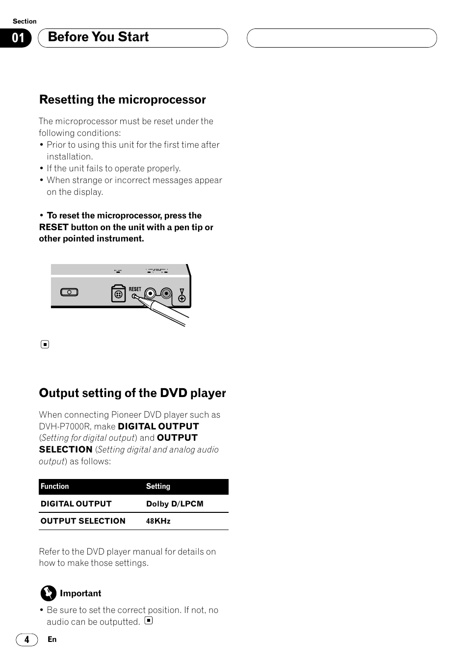 Before you start, Resetting the microprocessor, Output setting of the dvd player | Pioneer DEQ-P7000 User Manual | Page 4 / 112