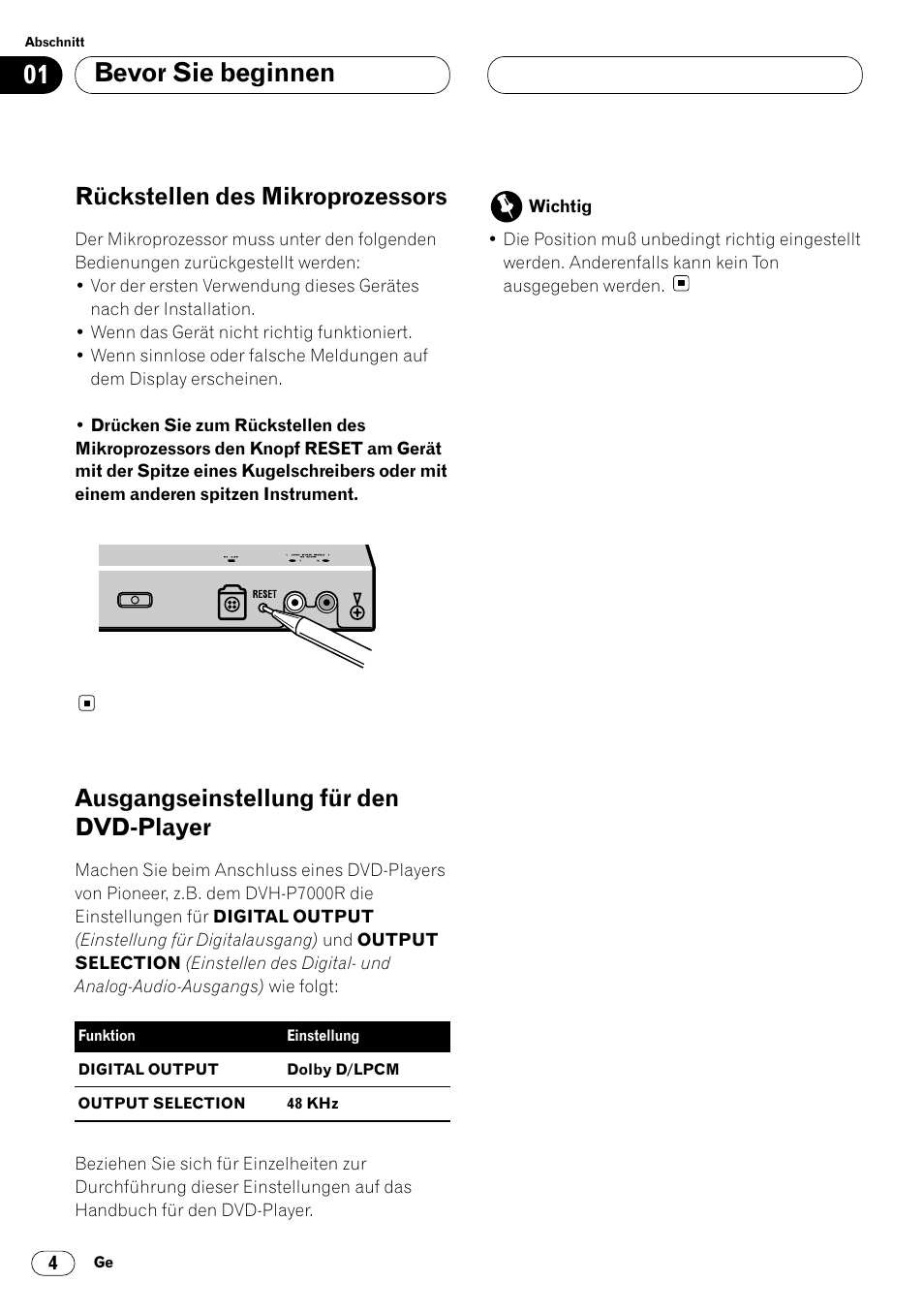Bevor sie beginnen, Rückstellen des mikroprozessors, Ausgangseinstellung für den dvd-player | Pioneer DEQ-P7000 User Manual | Page 40 / 112