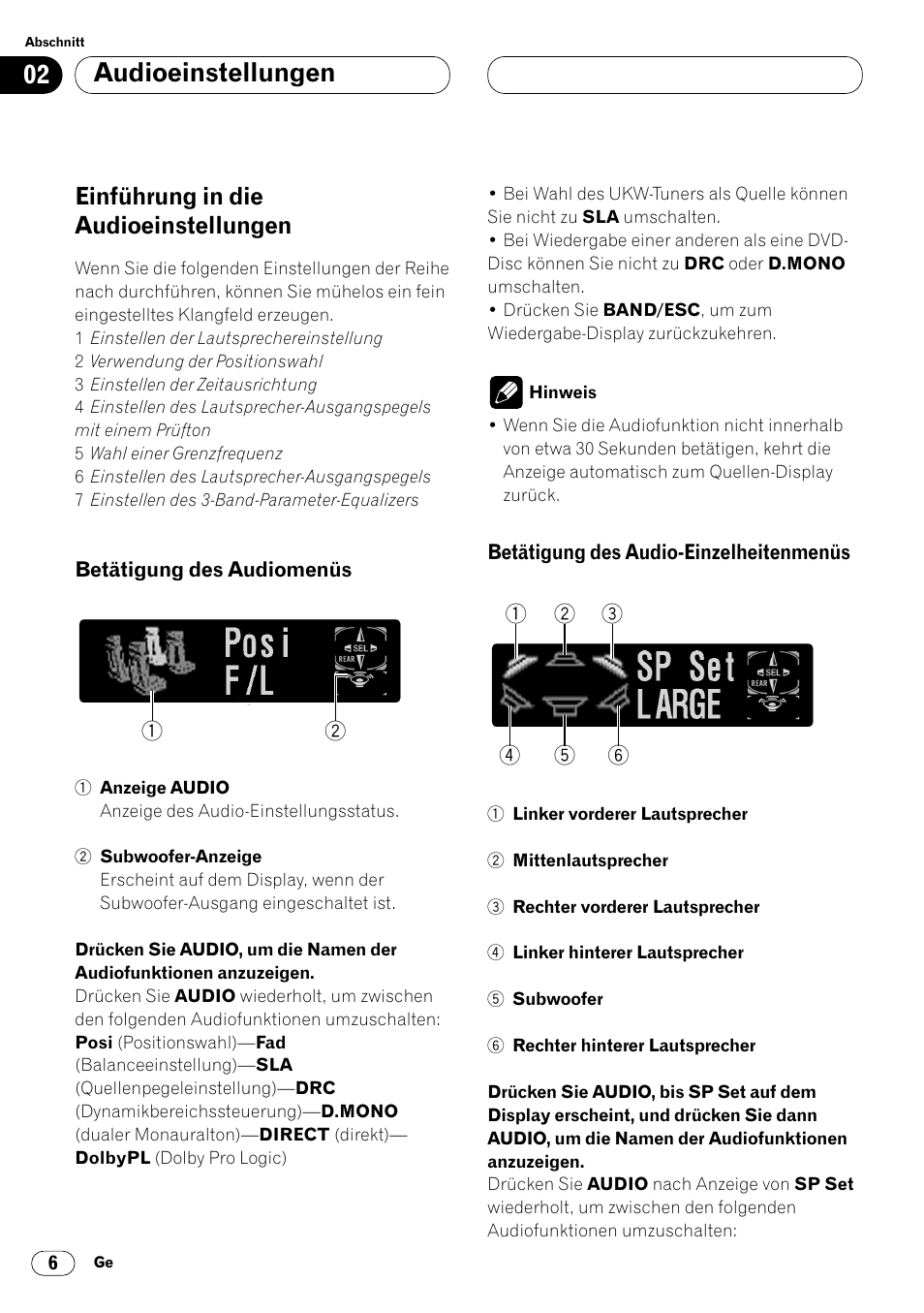 Einführung in die audioeinstellungen 6, Betätigung des audiomenüs 6 • betätigung des audio, Einzelheitenmenüs 6 | Audioeinstellungen, Einführung in die audioeinstellungen | Pioneer DEQ-P7000 User Manual | Page 42 / 112
