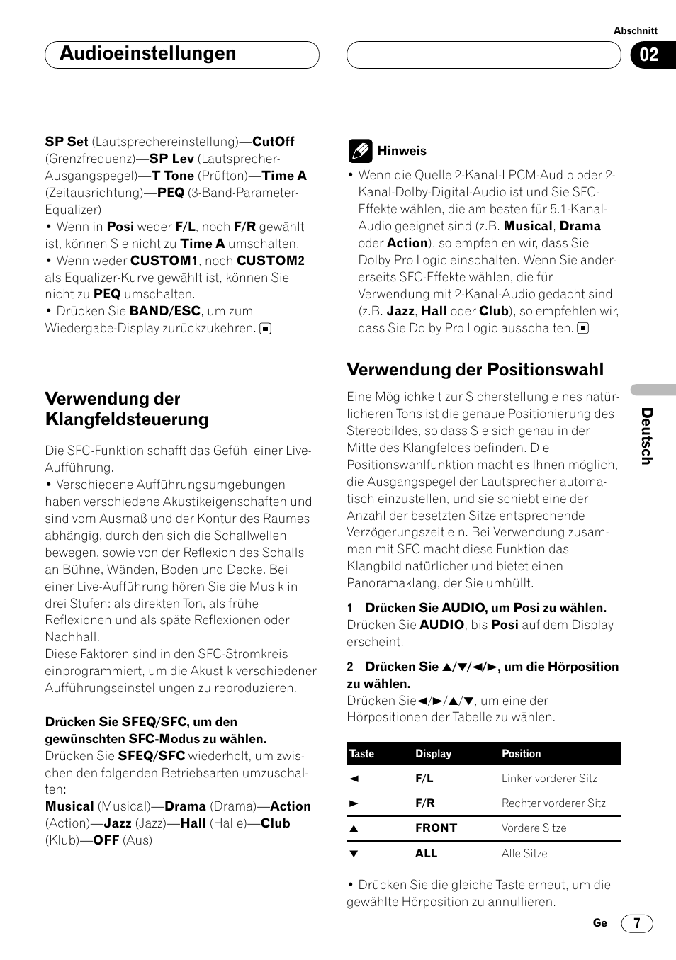 Audioeinstellungen, Verwendung der klangfeldsteuerung, Verwendung der positionswahl | Pioneer DEQ-P7000 User Manual | Page 43 / 112