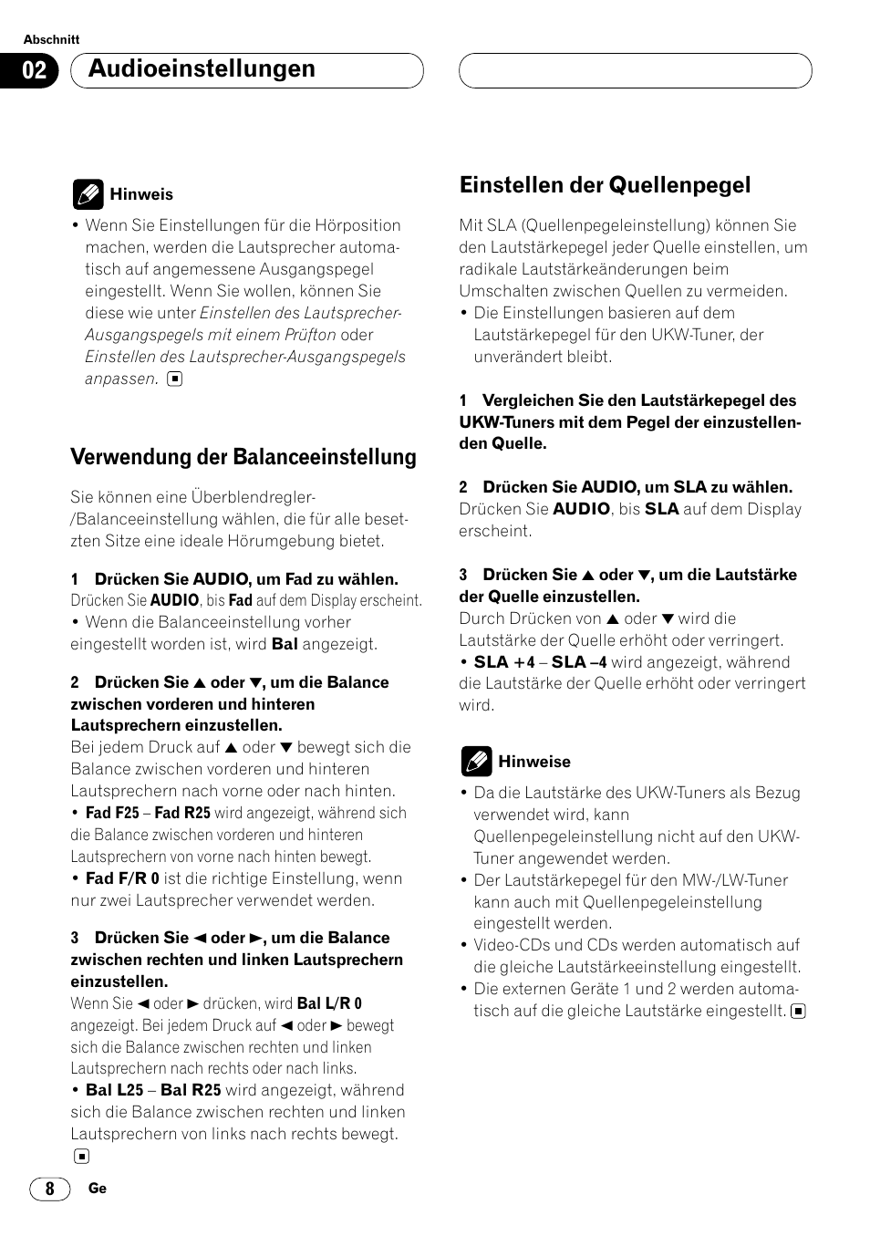 Audioeinstellungen, Verwendung der balanceeinstellung, Einstellen der quellenpegel | Pioneer DEQ-P7000 User Manual | Page 44 / 112