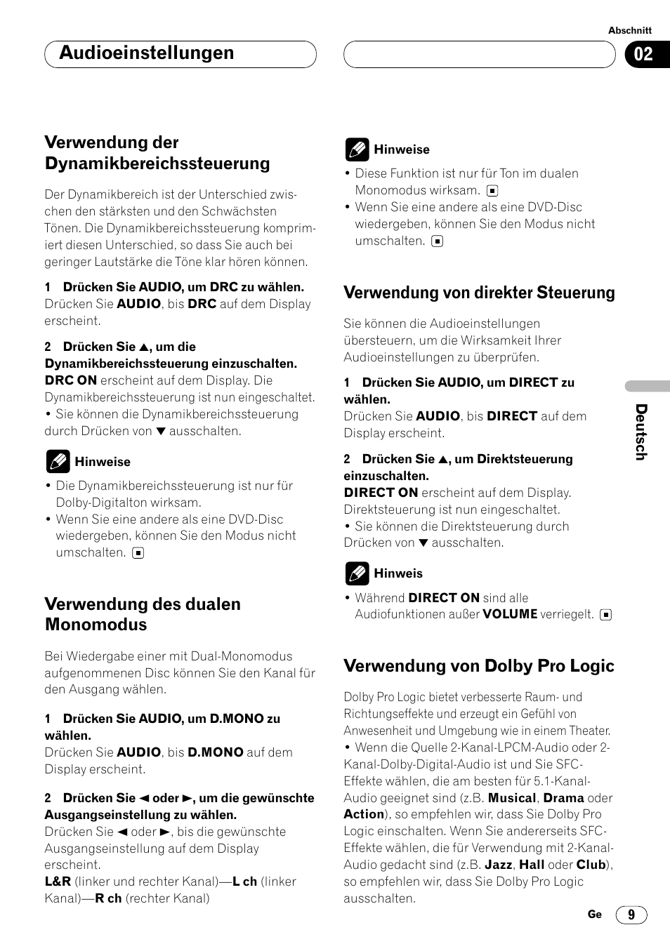 Verwendung der, Dynamikbereichssteuerung 9, Audioeinstellungen | Verwendung der dynamikbereichssteuerung, Verwendung des dualen monomodus, Verwendung von direkter steuerung, Verwendung von dolby pro logic | Pioneer DEQ-P7000 User Manual | Page 45 / 112