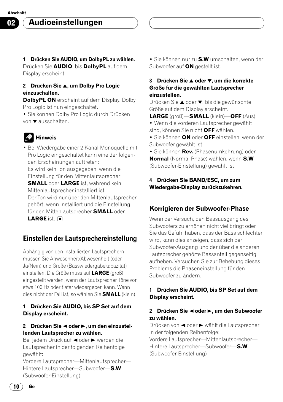 Einstellen der lautsprechereinstellung 10, Korrigieren der subwoofer-phase 10, Audioeinstellungen | Einstellen der lautsprechereinstellung | Pioneer DEQ-P7000 User Manual | Page 46 / 112