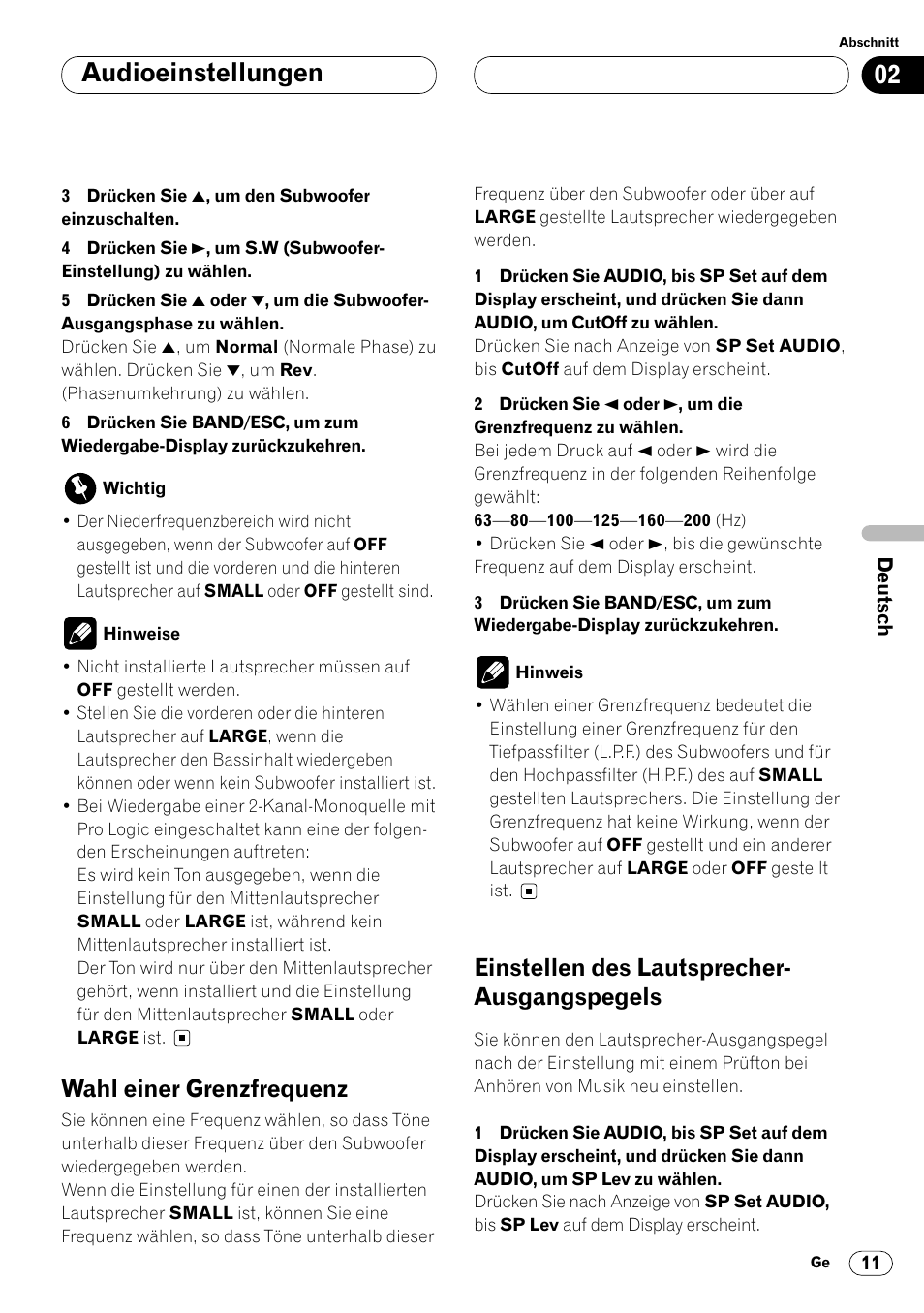 Ausgangspegels 11, Audioeinstellungen, Wahl einer grenzfrequenz | Einstellen des lautsprecher- ausgangspegels | Pioneer DEQ-P7000 User Manual | Page 47 / 112