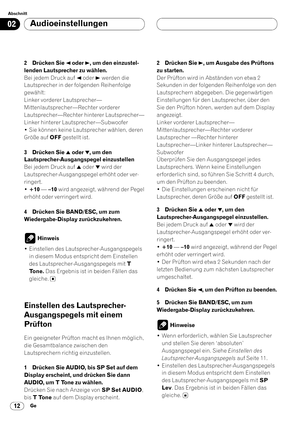 Einstellen des lautsprecher, Ausgangspegels mit einem prüfton 12, Audioeinstellungen | Pioneer DEQ-P7000 User Manual | Page 48 / 112