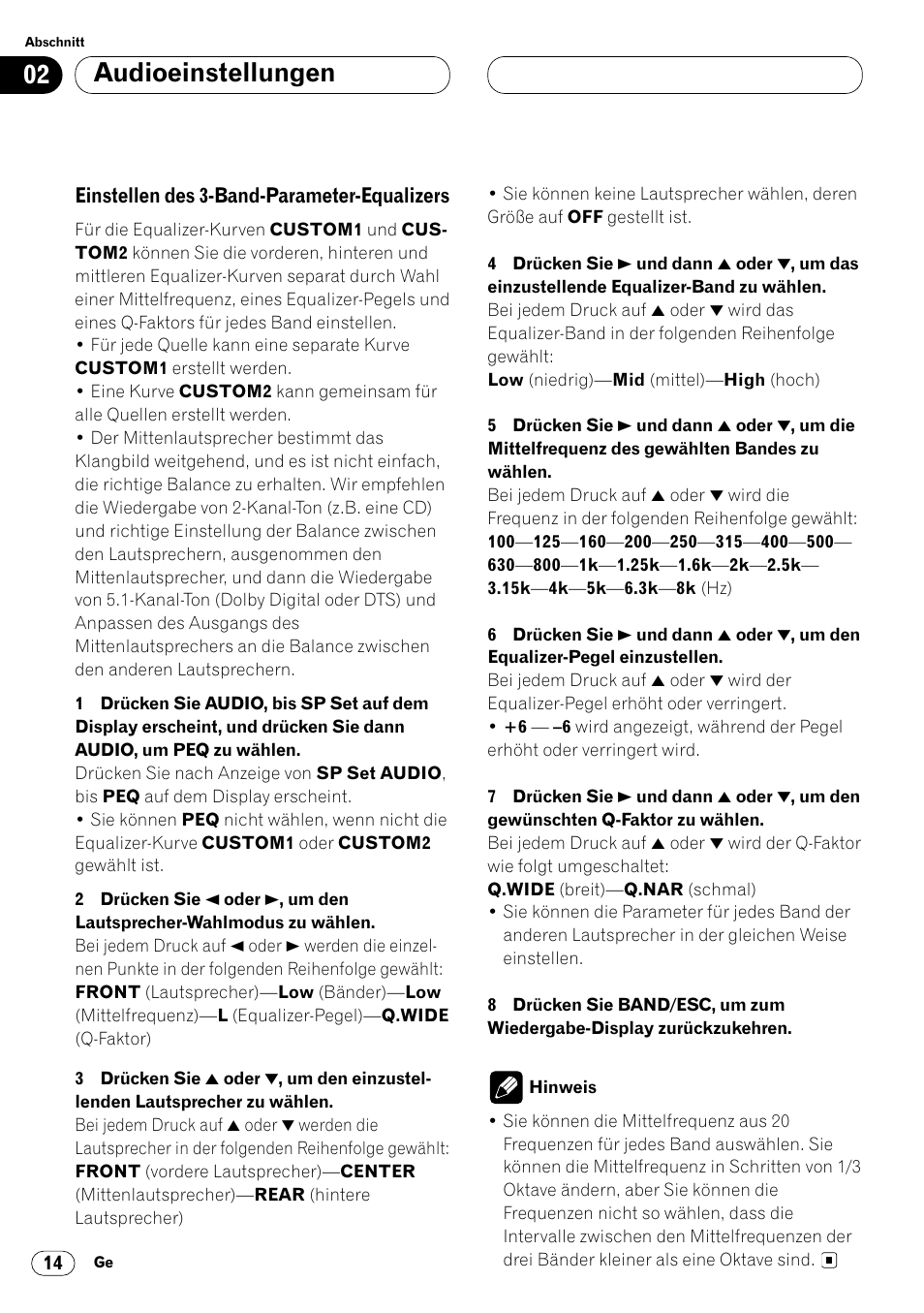 Einstellen des 3-band-parameter, Equalizers 14, Audioeinstellungen | Pioneer DEQ-P7000 User Manual | Page 50 / 112