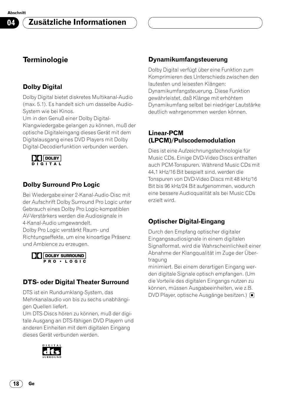 Terminologie 18, Zusätzliche informationen | Pioneer DEQ-P7000 User Manual | Page 54 / 112