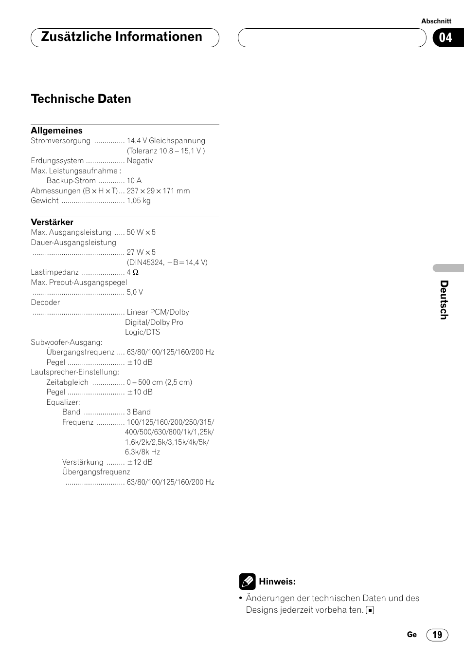 Technische daten 19, Zusätzliche informationen, Technische daten | Pioneer DEQ-P7000 User Manual | Page 55 / 112