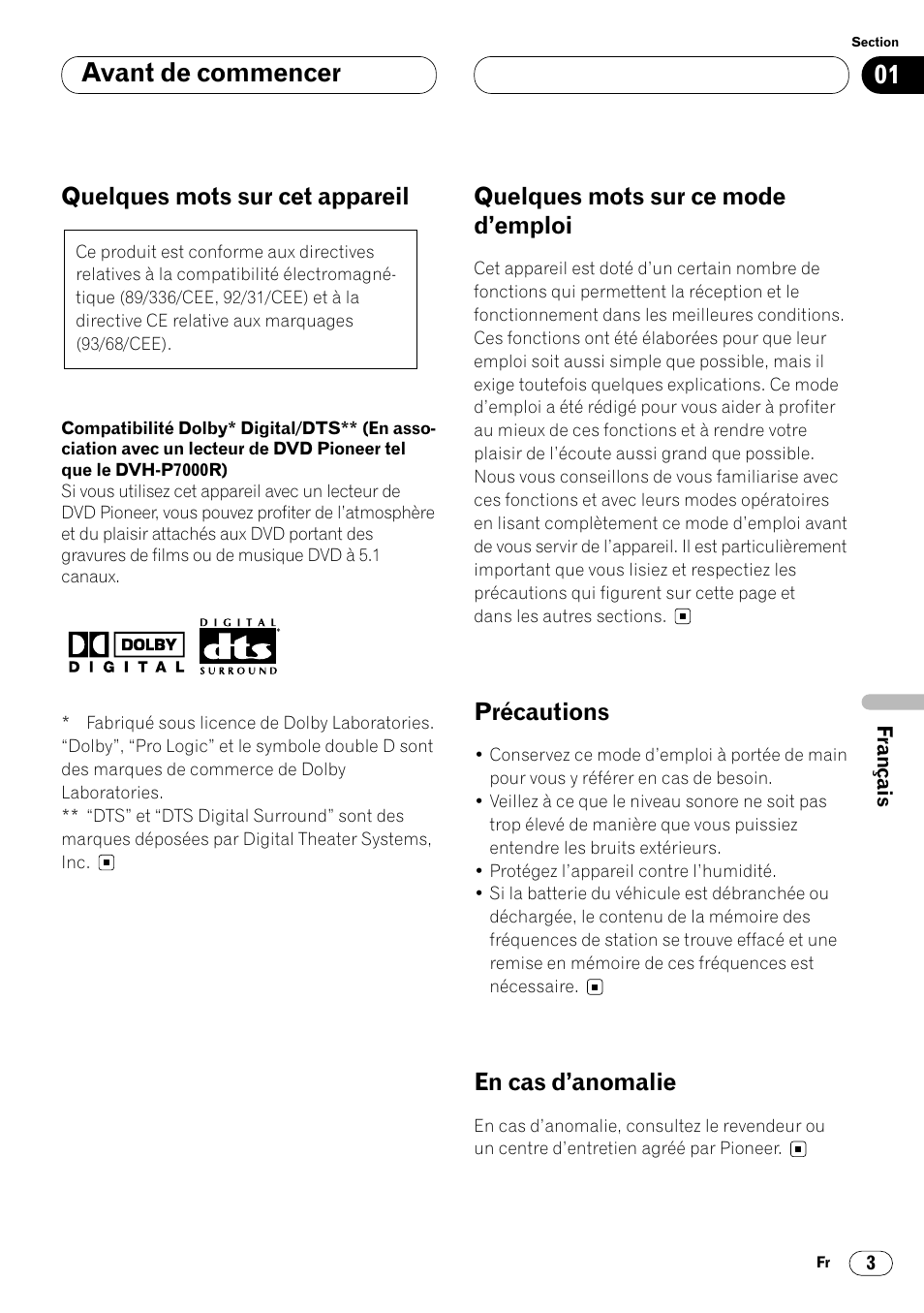 Quelques mots sur cet appareil 3, Compatibilité dolby digital/dts (en, Avant de commencer | Quelques mots sur cet appareil, Quelques mots sur ce mode d’emploi, Précautions, En cas d’anomalie | Pioneer DEQ-P7000 User Manual | Page 57 / 112