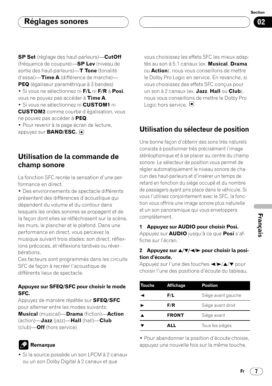 Utilisation de la commande de champ, Sonore 7, Utilisation du sélecteur de position 7 | Réglages sonores, Utilisation de la commande de champ sonore, Utilisation du sélecteur de position | Pioneer DEQ-P7000 User Manual | Page 61 / 112