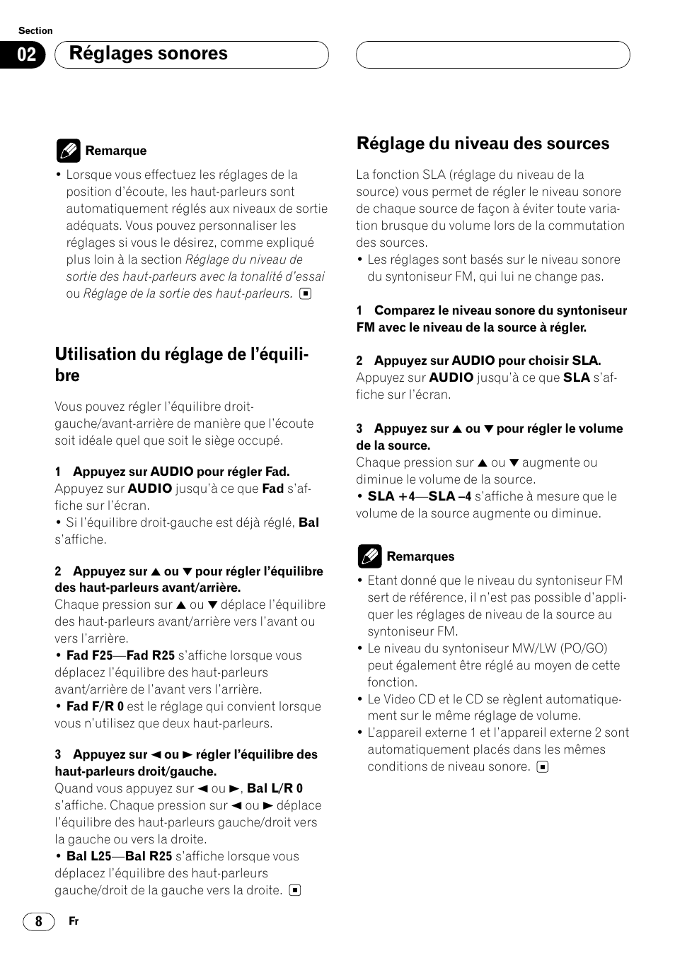 Réglages sonores, Utilisation du réglage de l’équili- bre, Réglage du niveau des sources | Pioneer DEQ-P7000 User Manual | Page 62 / 112