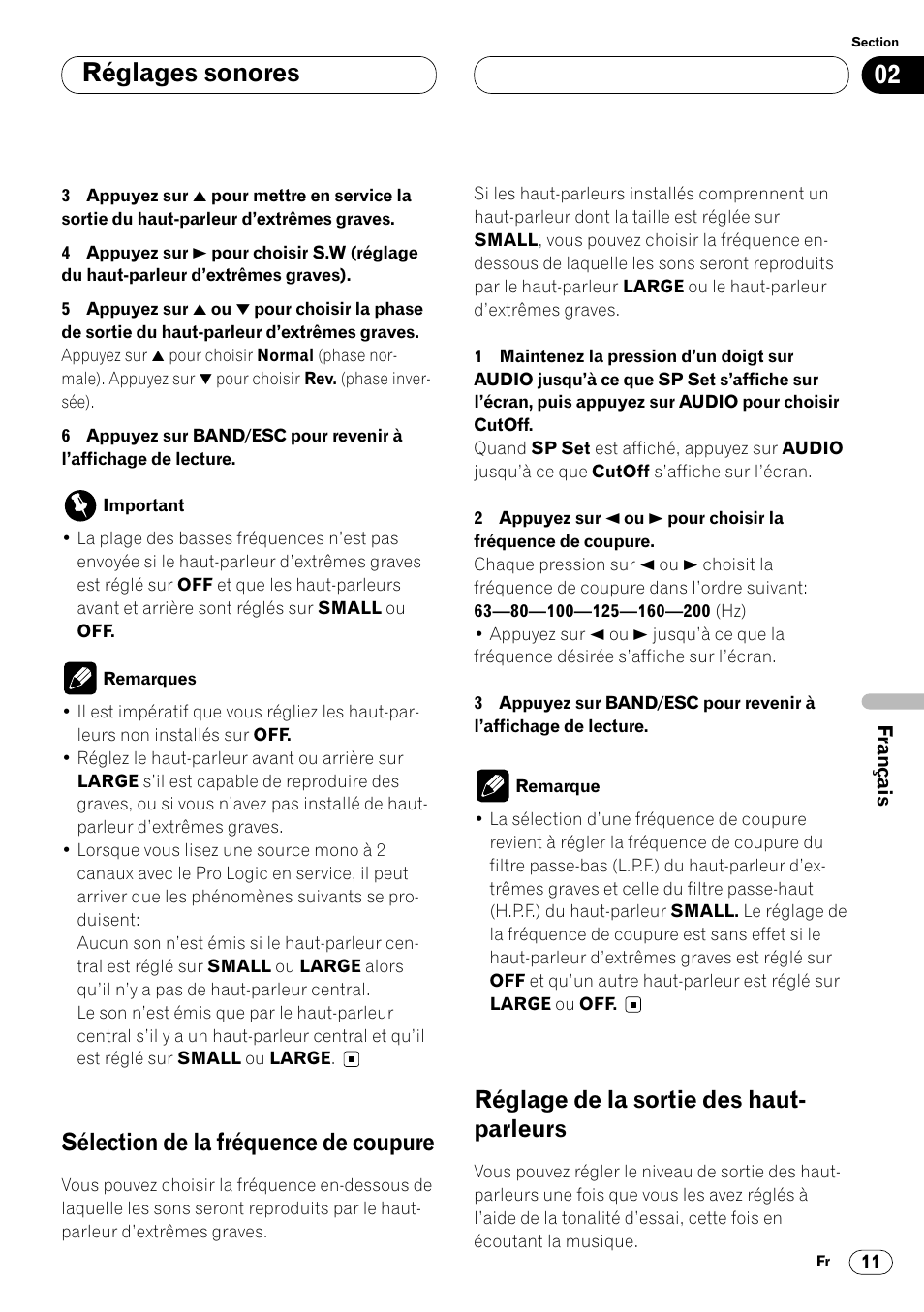 Réglages sonores, Sélection de la fréquence de coupure, Réglage de la sortie des haut- parleurs | Pioneer DEQ-P7000 User Manual | Page 65 / 112