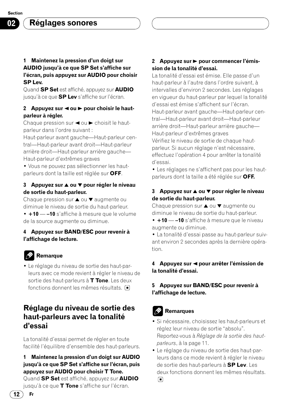 Réglage du niveau de sortie des haut-par, Leurs avec la tonalité d’essai 12, Réglages sonores | Pioneer DEQ-P7000 User Manual | Page 66 / 112