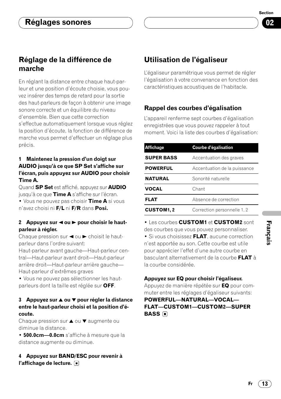 Rappel des courbes d’égalisation 13, Réglages sonores, Réglage de la différence de marche | Utilisation de l’égaliseur | Pioneer DEQ-P7000 User Manual | Page 67 / 112