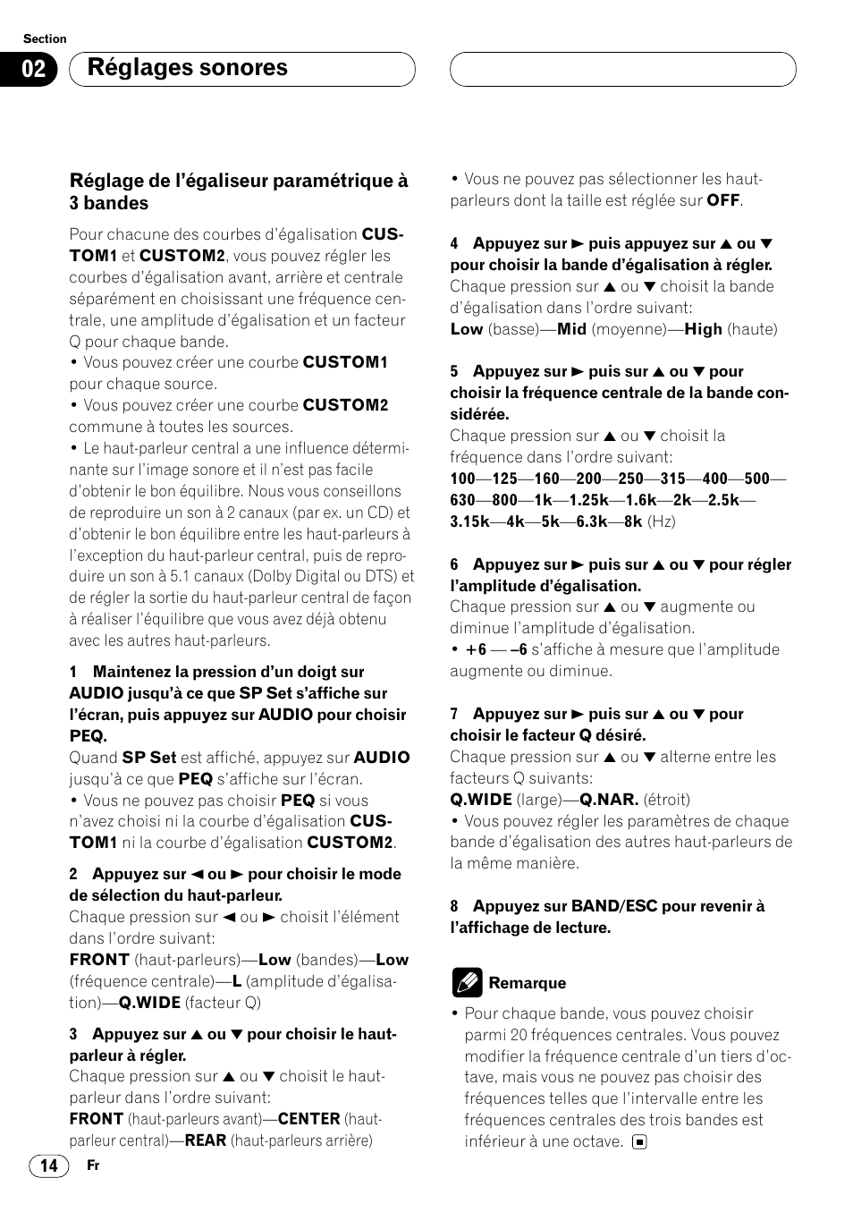 Réglage de l’égaliseur paramétrique à, 3 bandes 14, Réglages sonores | Pioneer DEQ-P7000 User Manual | Page 68 / 112