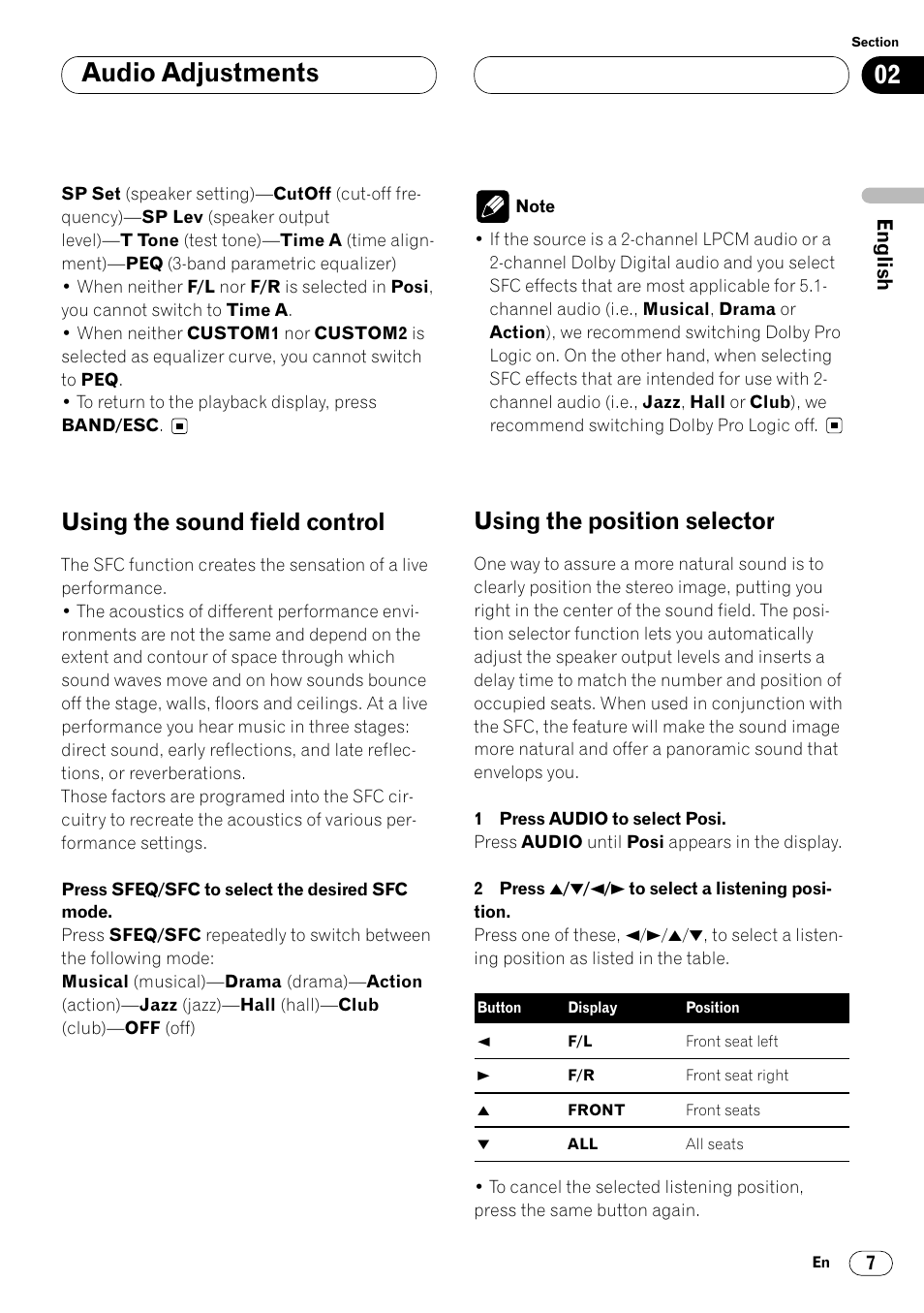 Audio adjustments, Using the sound field control, Using the position selector | Pioneer DEQ-P7000 User Manual | Page 7 / 112