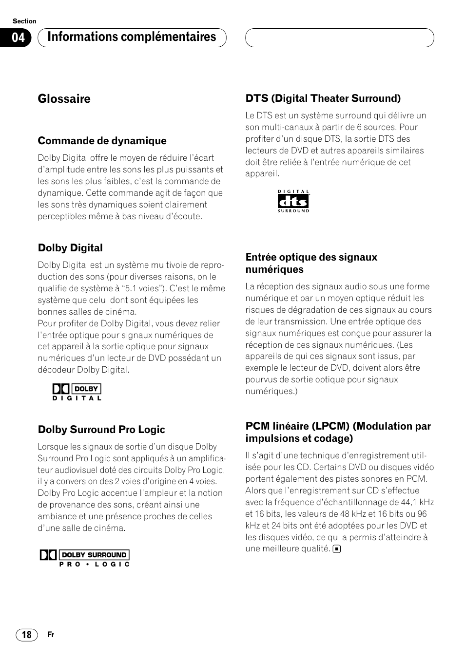 Glossaire 18, Informations complémentaires | Pioneer DEQ-P7000 User Manual | Page 72 / 112