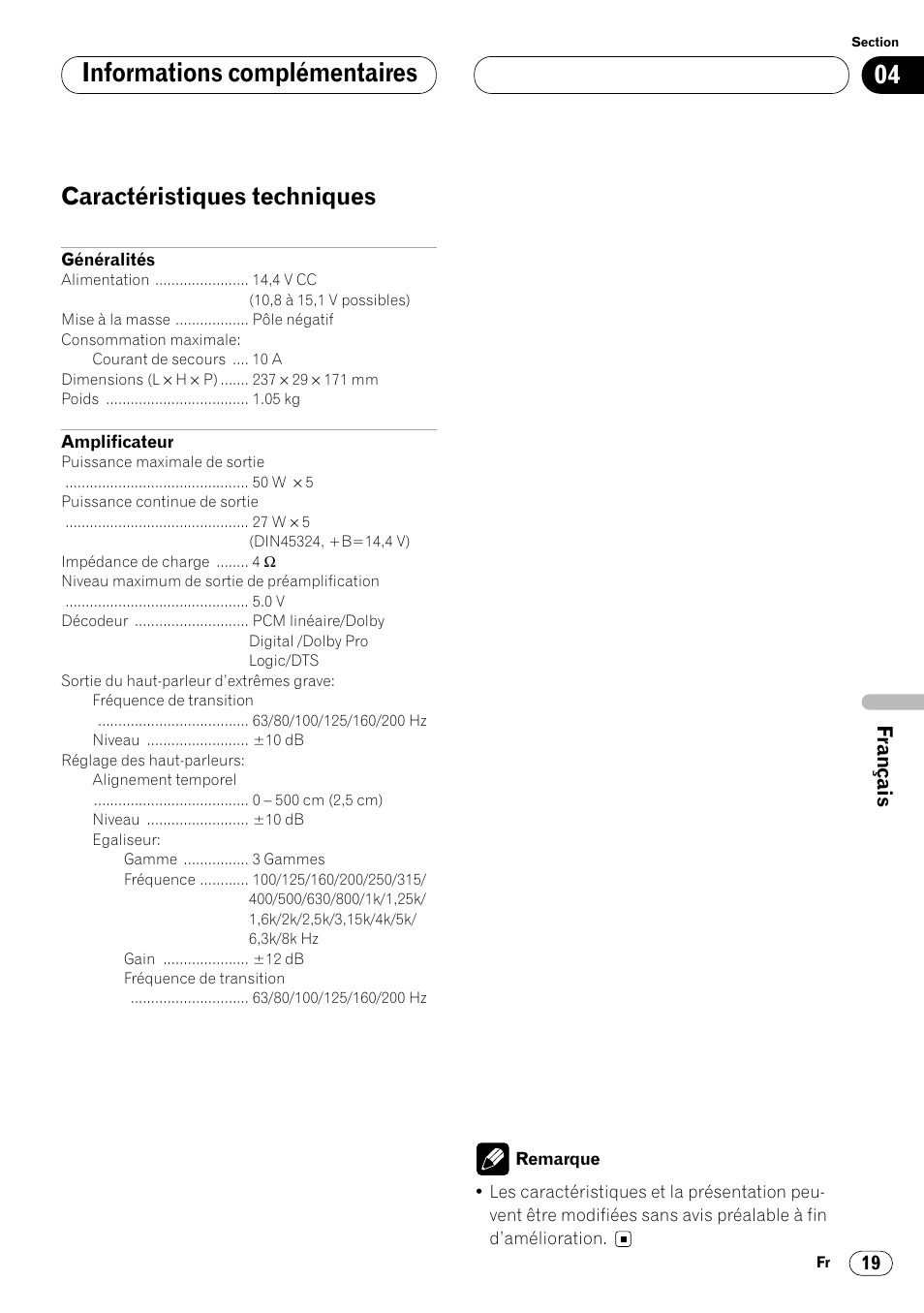Caractéristiques techniques 19, Informations complémentaires, Caractéristiques techniques | Pioneer DEQ-P7000 User Manual | Page 73 / 112