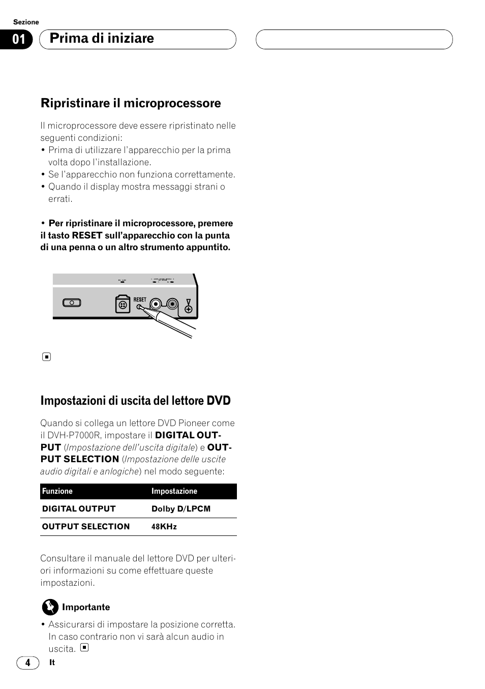 Prima di iniziare, Ripristinare il microprocessore, Impostazioni di uscita del lettore dvd | Pioneer DEQ-P7000 User Manual | Page 76 / 112