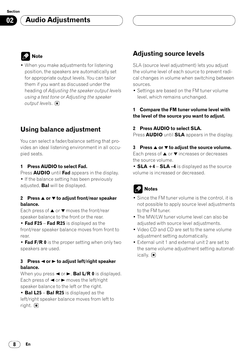 Audio adjustments, Using balance adjustment, Adjusting source levels | Pioneer DEQ-P7000 User Manual | Page 8 / 112