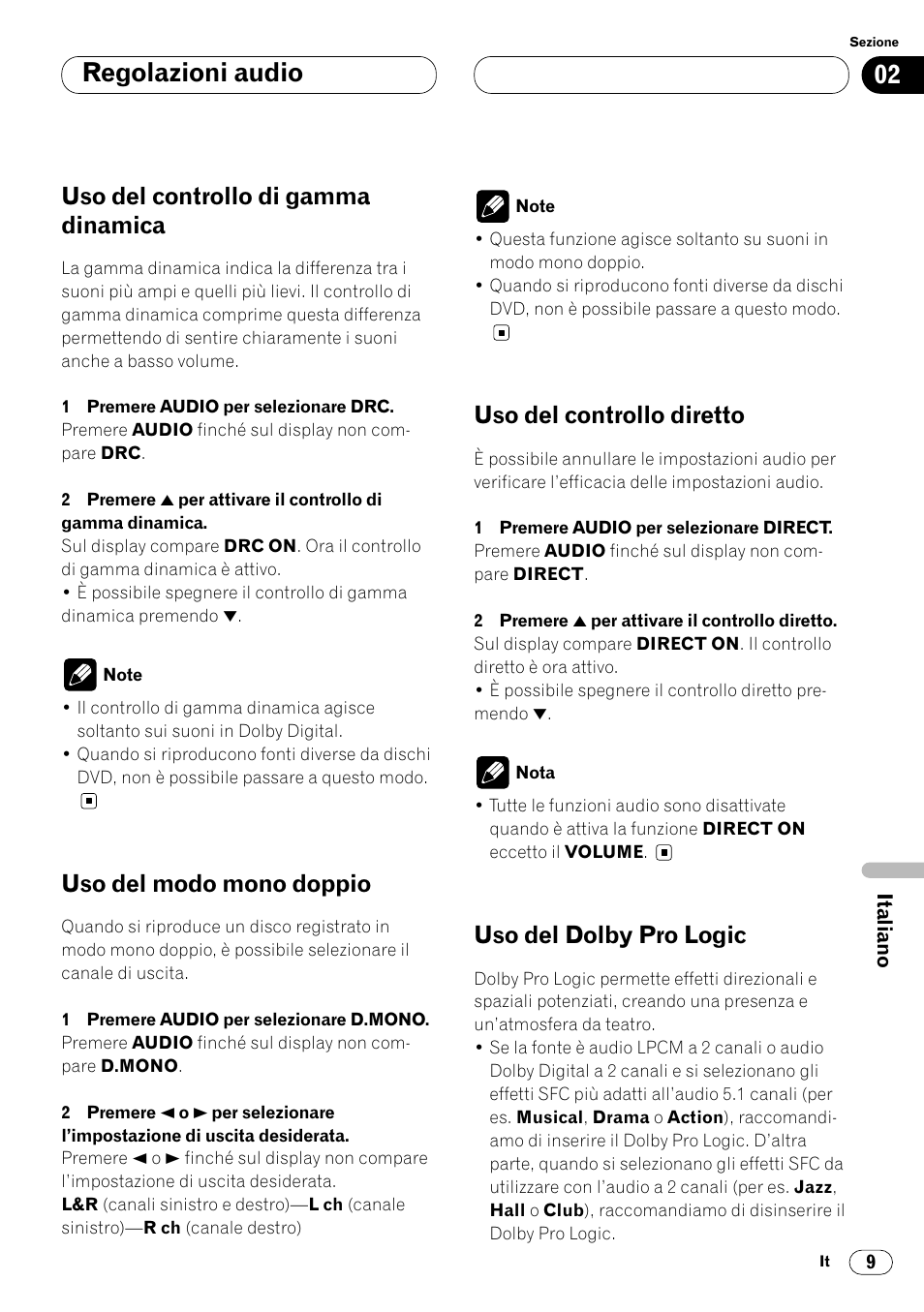 Regolazioni audio, Uso del controllo di gamma dinamica, Uso del modo mono doppio | Uso del controllo diretto, Uso del dolby pro logic | Pioneer DEQ-P7000 User Manual | Page 81 / 112