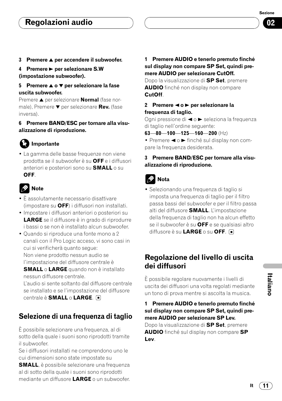 Regolazioni audio, Selezione di una frequenza di taglio, Regolazione del livello di uscita dei diffusori | Pioneer DEQ-P7000 User Manual | Page 83 / 112