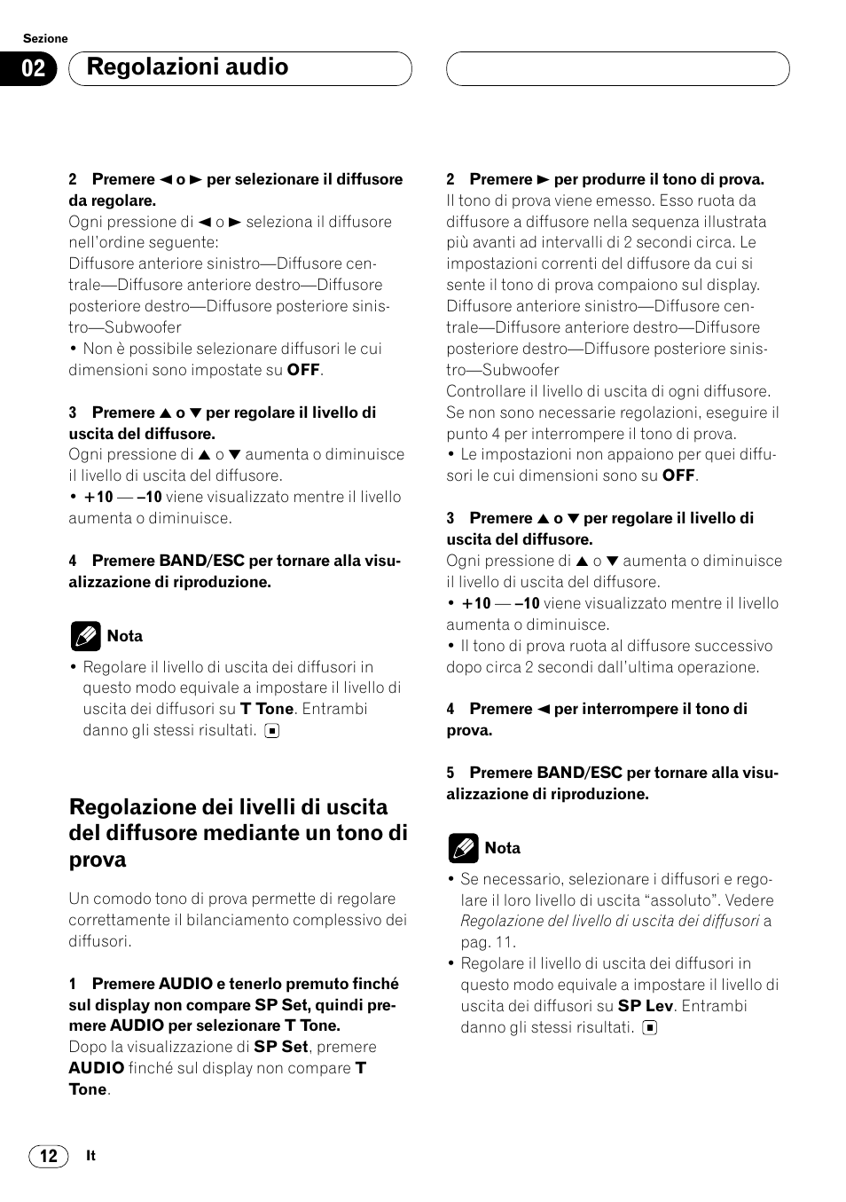 Regolazione dei livelli di uscita del diffusore, Mediante un tono di prova 12, Regolazioni audio | Pioneer DEQ-P7000 User Manual | Page 84 / 112
