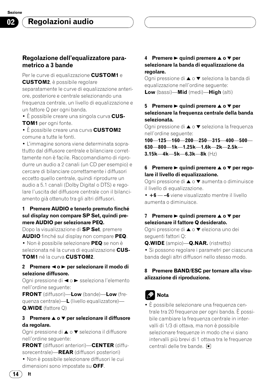 Regolazione dell’equalizzatore para, Metrico a 3 bande 14, Regolazioni audio | Pioneer DEQ-P7000 User Manual | Page 86 / 112