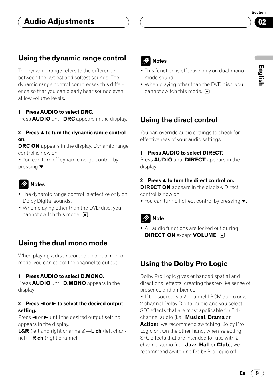 Audio adjustments, Using the dynamic range control, Using the dual mono mode | Using the direct control, Using the dolby pro logic | Pioneer DEQ-P7000 User Manual | Page 9 / 112