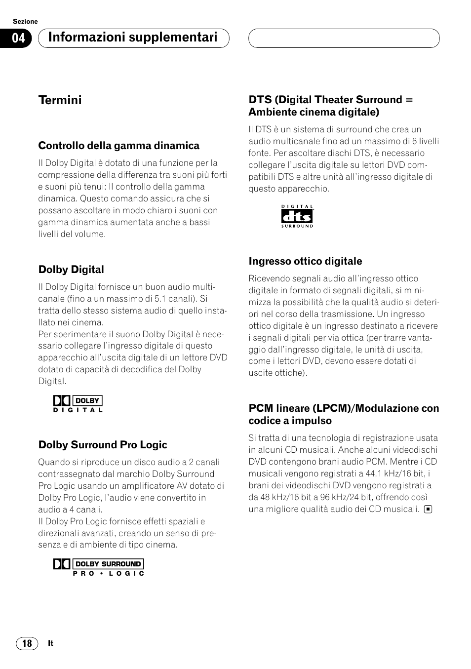 Termini 18, Informazioni supplementari | Pioneer DEQ-P7000 User Manual | Page 90 / 112