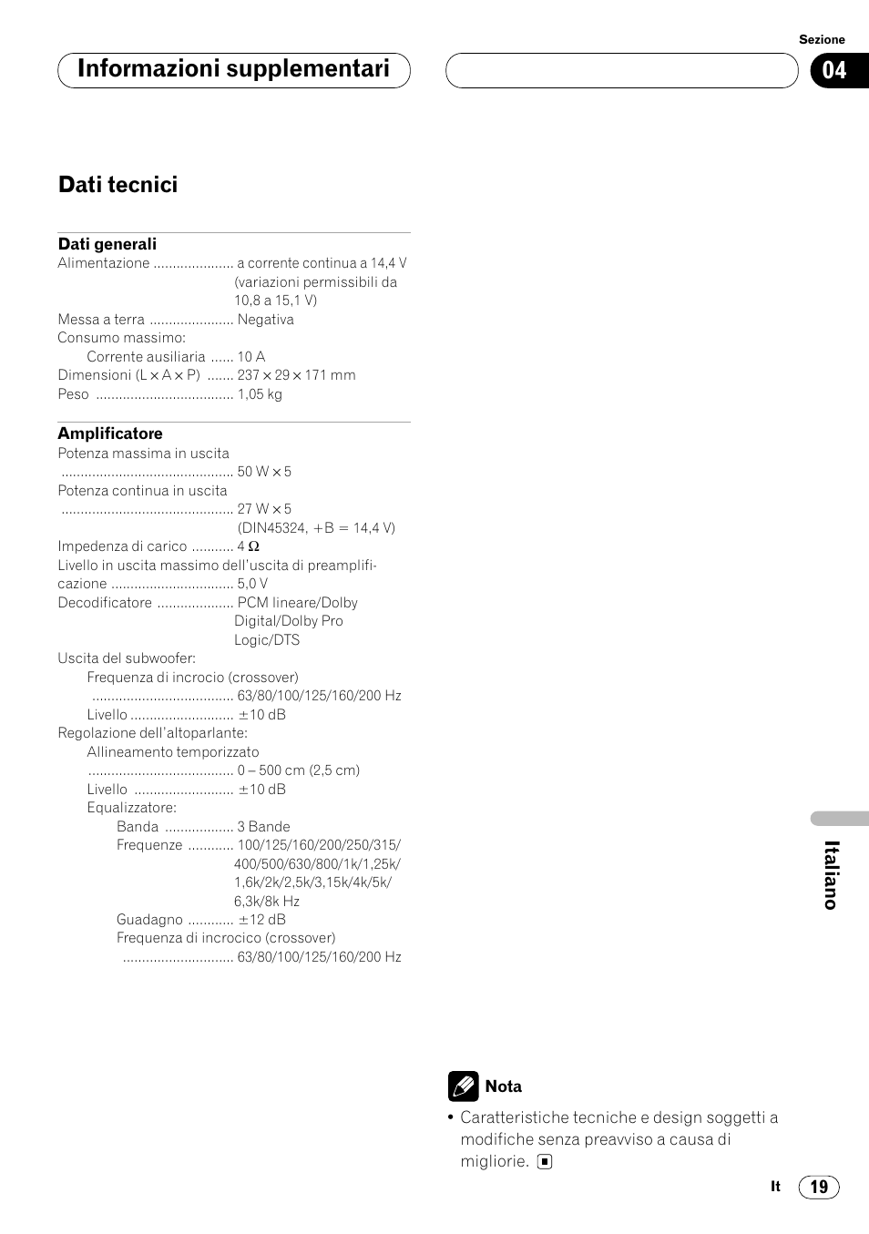 Dati tecnici 19, Informazioni supplementari, Dati tecnici | Pioneer DEQ-P7000 User Manual | Page 91 / 112