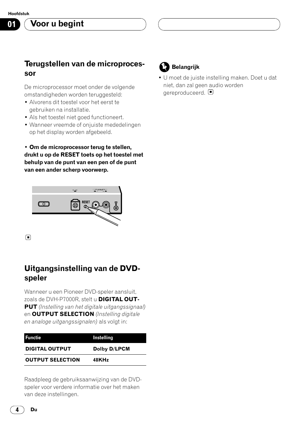 Voor u begint, Terugstellen van de microproces- sor, Uitgangsinstelling van de dvd- speler | Pioneer DEQ-P7000 User Manual | Page 94 / 112