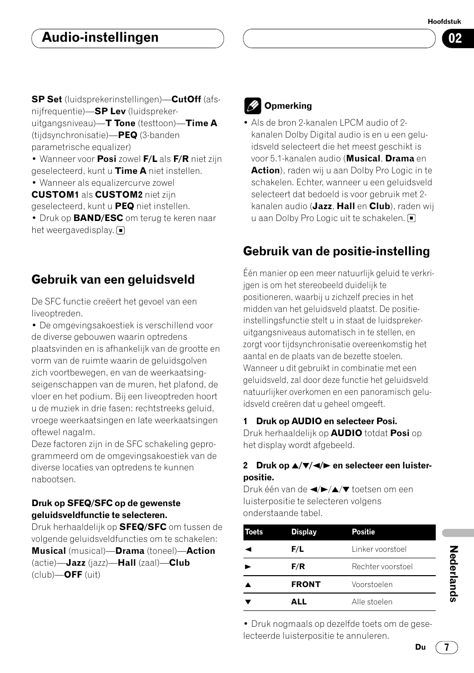 Audio-instellingen, Gebruik van een geluidsveld, Gebruik van de positie-instelling | Pioneer DEQ-P7000 User Manual | Page 97 / 112