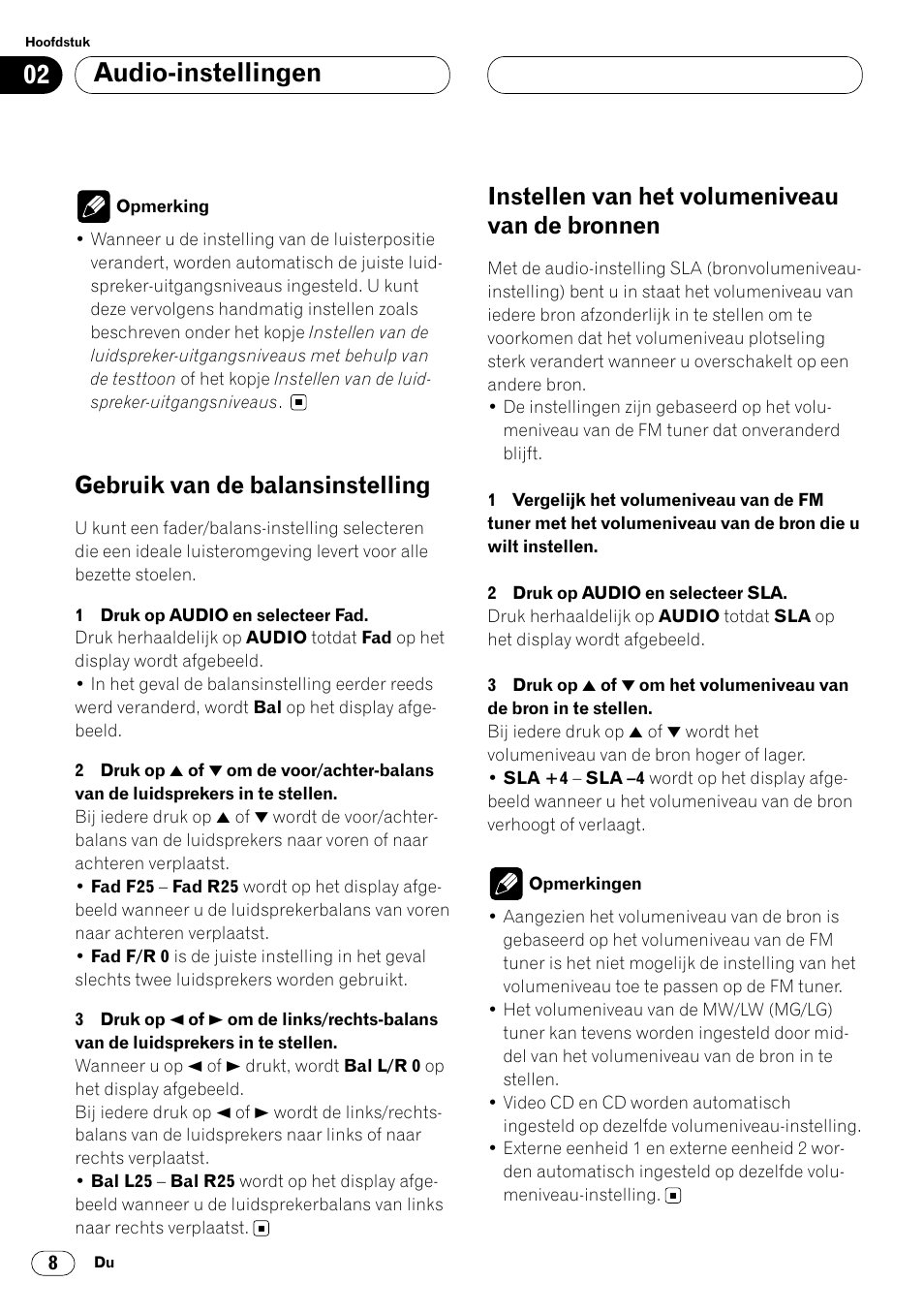 Nen 8, Audio-instellingen, Gebruik van de balansinstelling | Instellen van het volumeniveau van de bronnen | Pioneer DEQ-P7000 User Manual | Page 98 / 112
