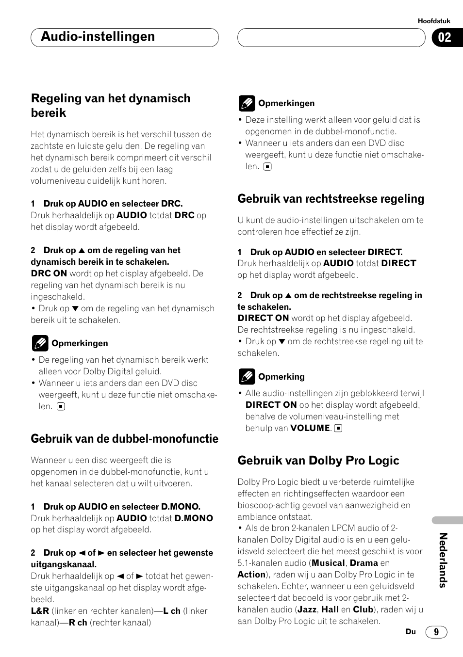 Audio-instellingen, Regeling van het dynamisch bereik, Gebruik van de dubbel-monofunctie | Gebruik van rechtstreekse regeling, Gebruik van dolby pro logic | Pioneer DEQ-P7000 User Manual | Page 99 / 112