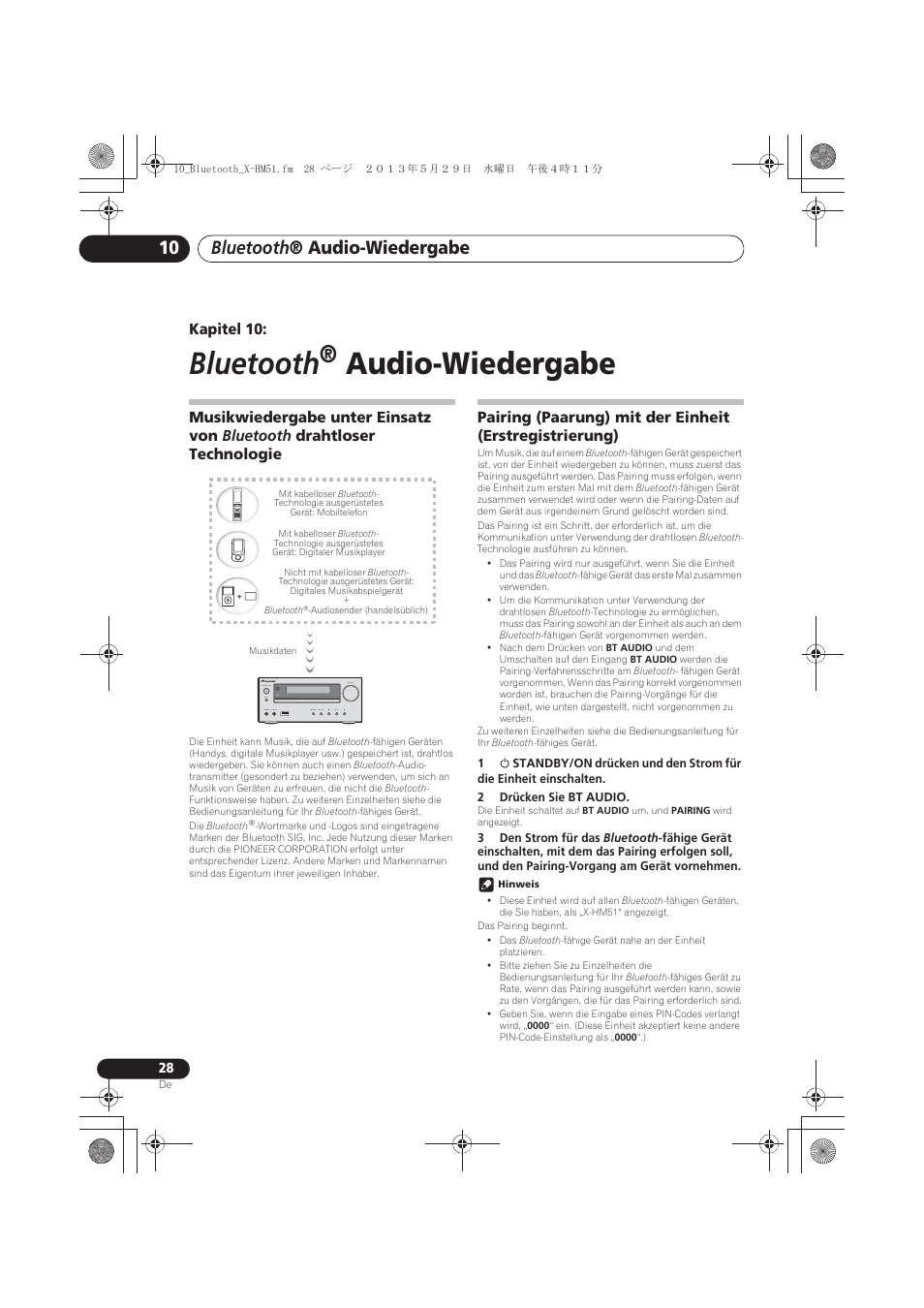 10 bluetooth ® audio-wiedergabe, Technologie, Pairing (paarung) mit der einheit | Erstregistrierung), Bluetooth, Audio-wiedergabe, Bluetooth ® audio-wiedergabe, Kapitel 10 | Pioneer X-HM51-S User Manual | Page 100 / 256