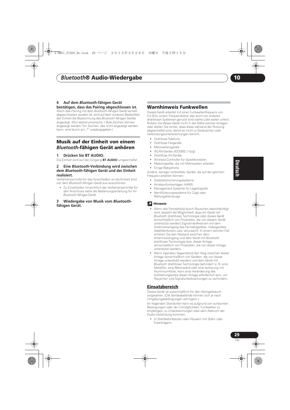 Anhören, Warnhinweis funkwellen, Einsatzbereich | Bluetooth ® audio-wiedergabe | Pioneer X-HM51-S User Manual | Page 101 / 256