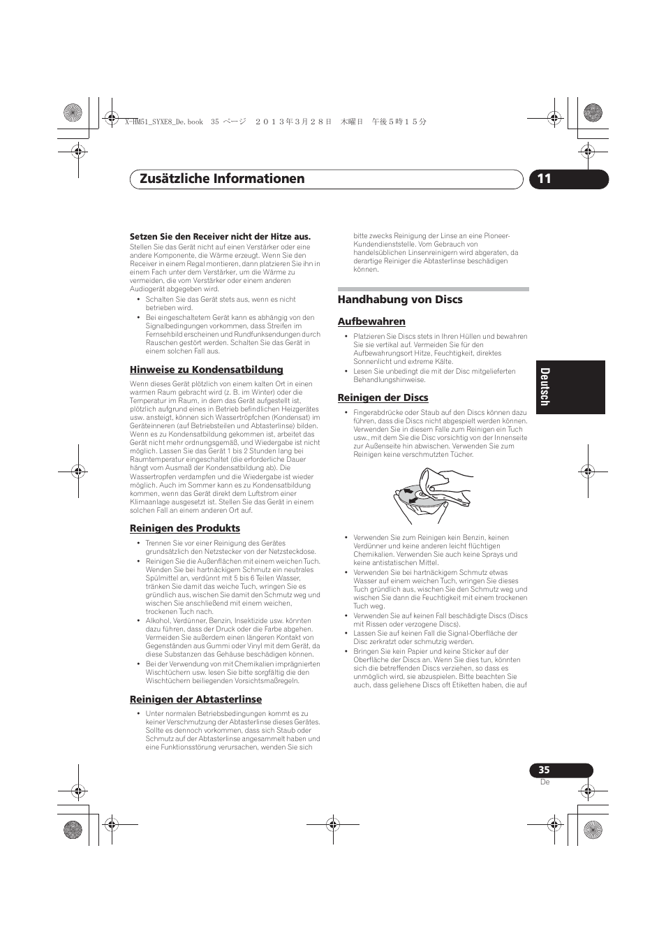 Hinweise zu kondensatbildung, Reinigen des produkts, Reinigen der abtasterlinse | Handhabung von discs, Aufbewahren, Reinigen der discs, Zusätzliche informationen 11 | Pioneer X-HM51-S User Manual | Page 107 / 256